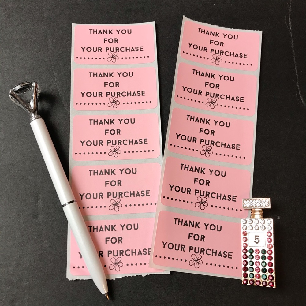 100 thank you stickers pink thermal size 2.25x1.25